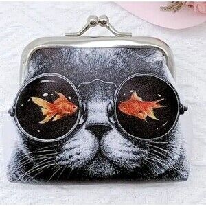 Groovy 3D Looking Gray CAT Glasses FISH Coin Purse Bag